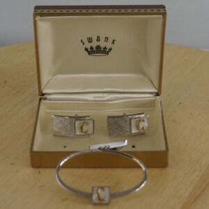 Vintage Swank Initial C Cufflinks and Tie Clip Set Mother of Pearl Silver Gold